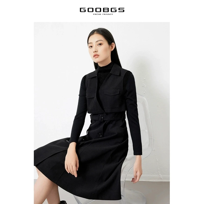 【女乔专属】谷邦GOOBGS 黑色翻领无袖连衣裙 G2443281
