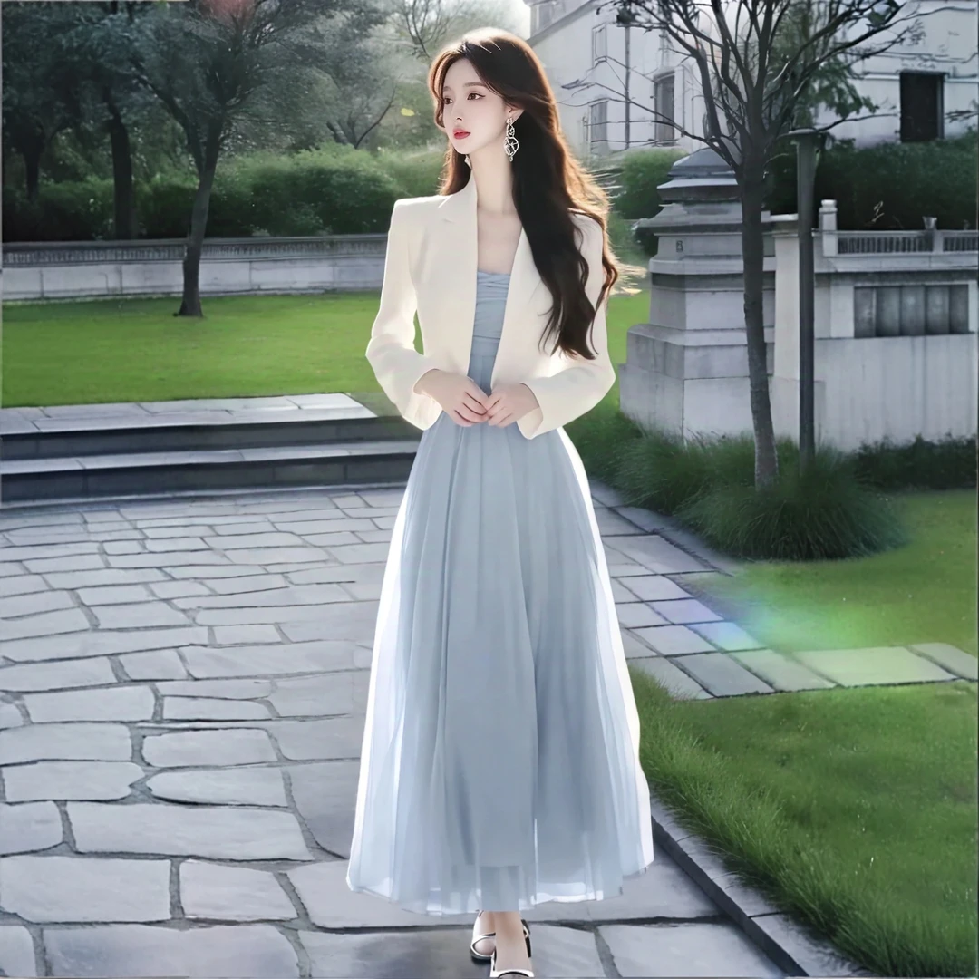 2025春季轻奢高级感超好看独特漂亮白色西装外套蓝色连衣裙套装女