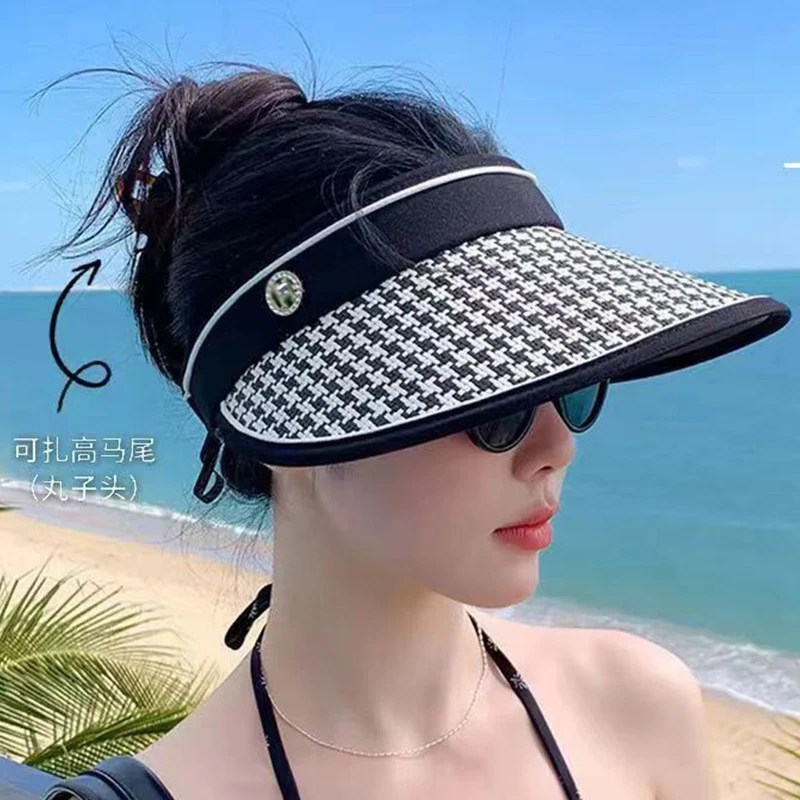 新款千鸟格卷卷帽夏季防晒防护用品UV沙滩遮阳帽时尚个性帽子
