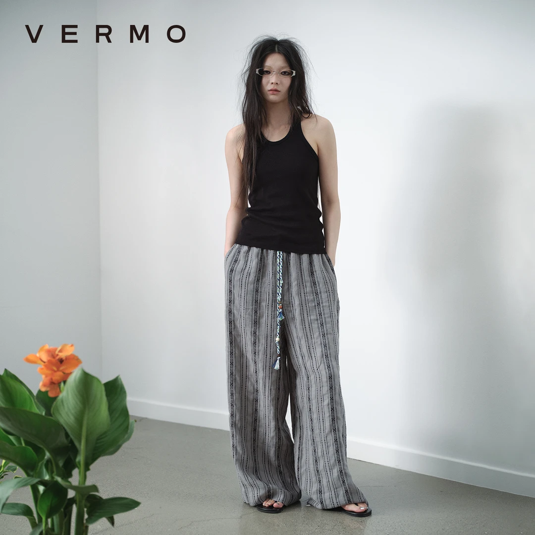 VERMO 亚麻棉混纺提花 舒适有型慵懒嬉皮串珠抽绳宽松休闲裤8954