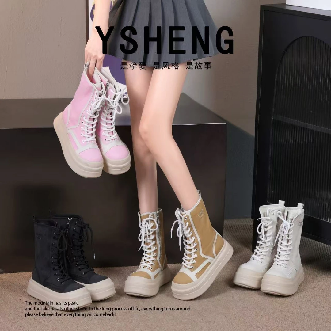 【月笙轻奢】2025春季新款百搭小众高帮系带布鞋厚底时尚女靴88820