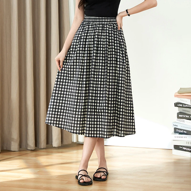 瑶曼夏季纯棉黑白格子裙时尚复古中长款百褶A字裙高腰气质大摆裙