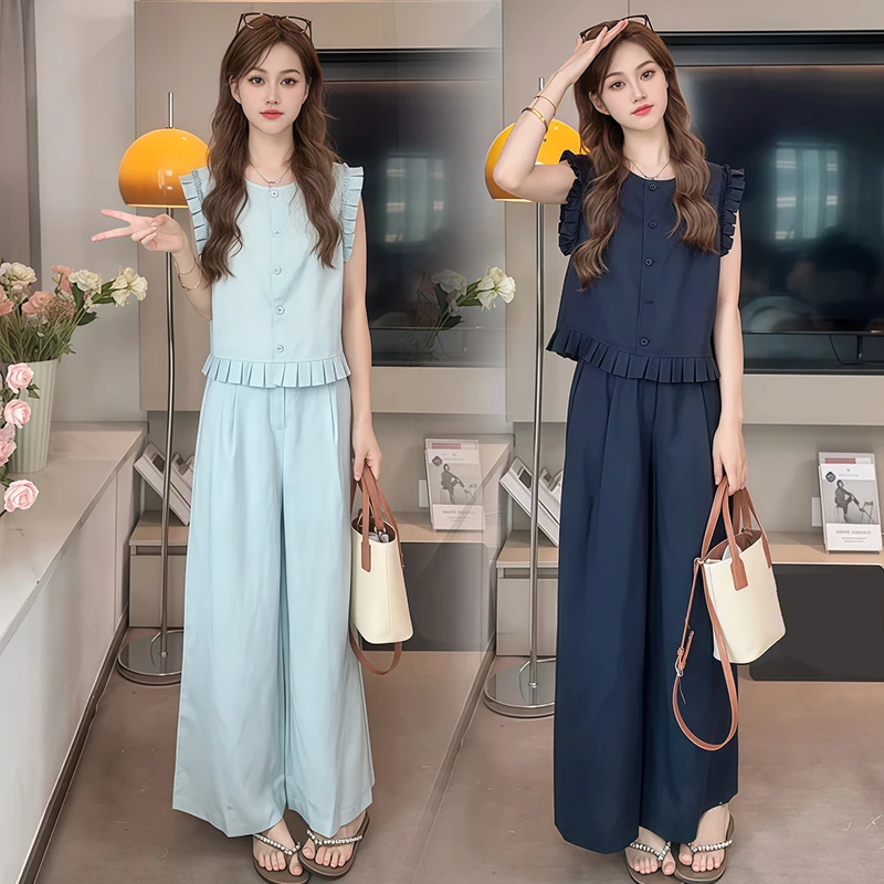 休闲洋气百搭套装女2025年夏季新款木耳边无袖马甲阔腿裤两件套装
