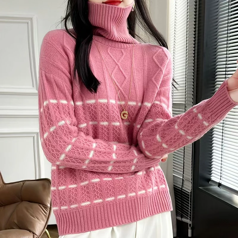 高端秋冬新款100%纯羊毛衫女高翻领加厚打底针织格纹绞花洋气毛衣