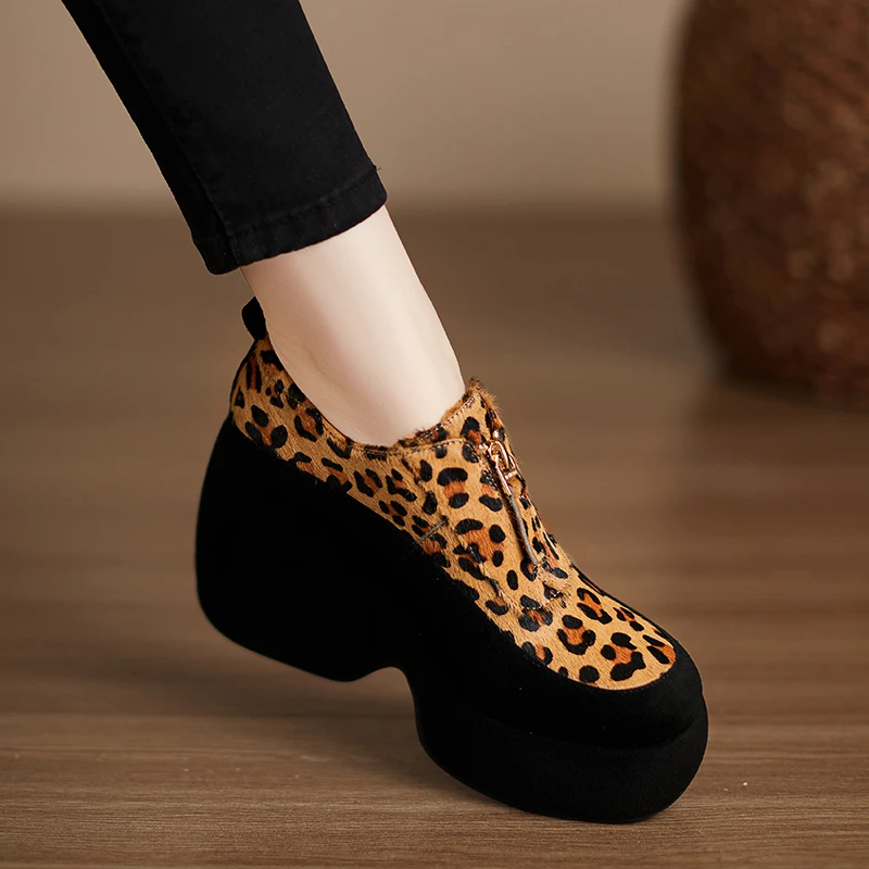 小个子增高9.5cm~豹纹乐福鞋女英伦风厚底坡跟深口单鞋马毛小皮鞋