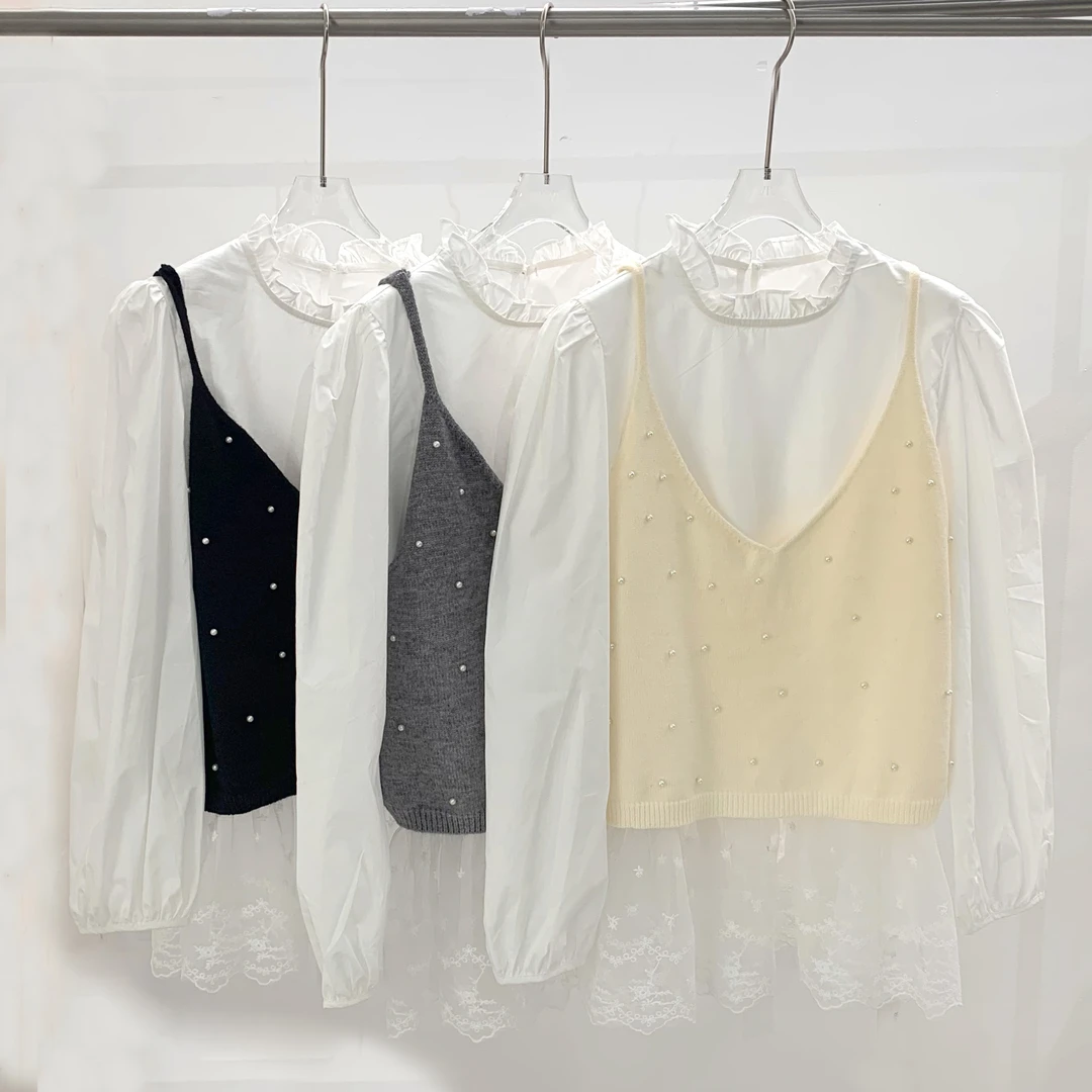 DEZI宝藏衣橱珠珠背心加拼蕾丝衬衣两件套女套装LS88029066