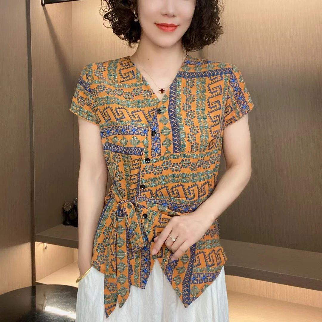 2025夏季新款时尚显瘦洋气系带短袖气质纽扣V领百搭开衫T恤上衣