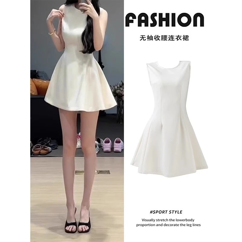 夏季赫本风收腰连衣裙女2025新款夏日绝美小裙子无袖掐腰a字短裙