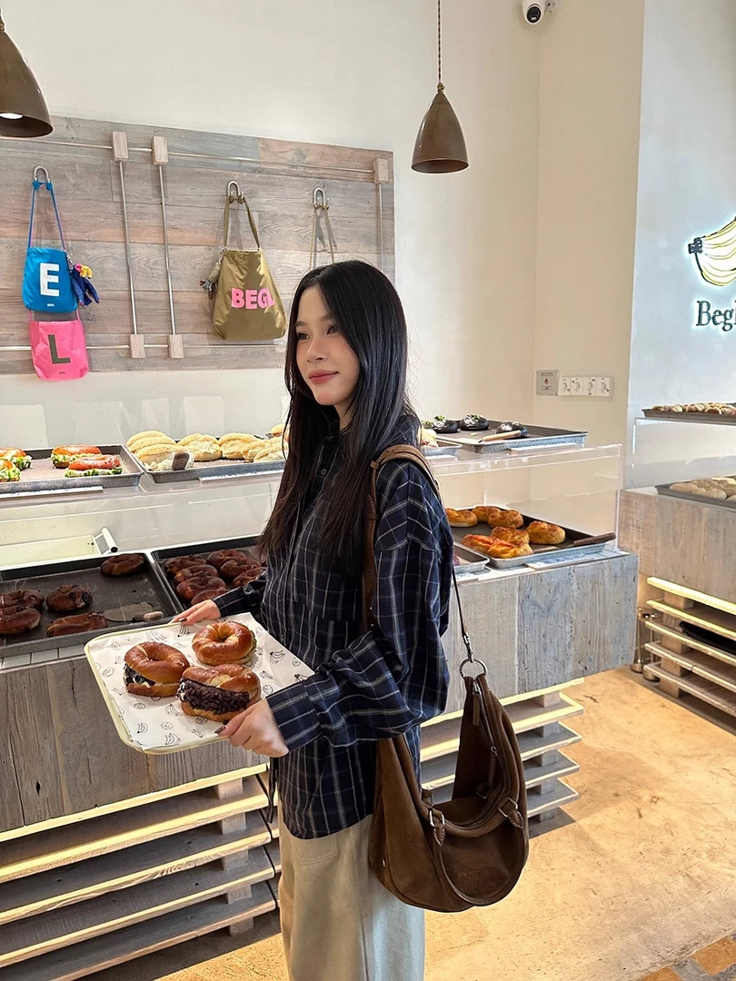 ONEXH·2025秋季新款腰带款廓形宽松韩系长袖格子衬衫中长款衬衣女