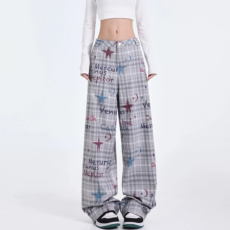 【春季五折】KEN STUDIO美式彩绘涂鸦星星设计显瘦格子休闲裤女