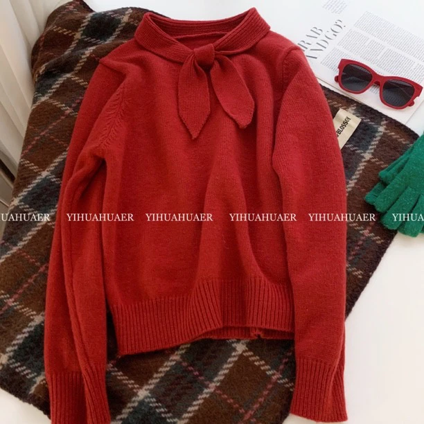 B韩国原单东大门韩系小香风蝴蝶结交叉领减龄洋气毛衣9960