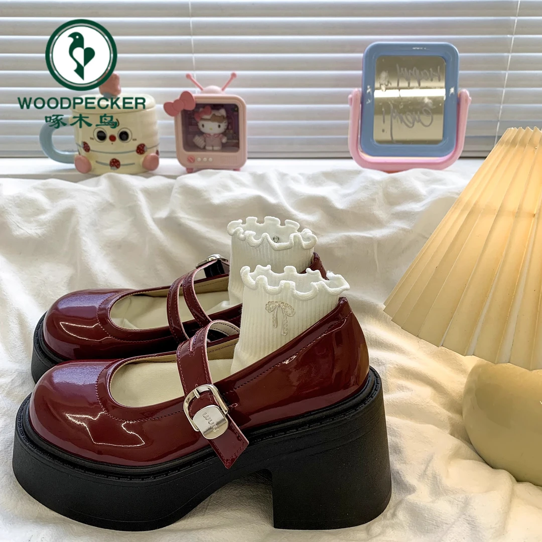 啄木鸟厚底粗跟红色小皮鞋女2025新款春季高跟鞋法式增高玛丽珍鞋