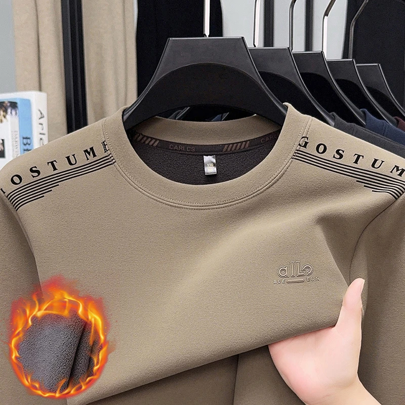 皮尔卡丹高端男士圆领卫衣秋冬季中年长袖宽松休闲加绒加厚打底衫