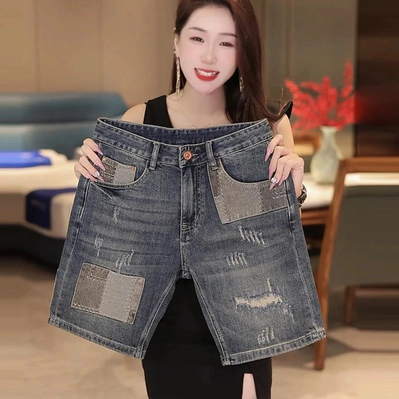 夏季新款原创男士五分牛仔裤轻薄透气个性时尚拼接破洞弹力裤子男