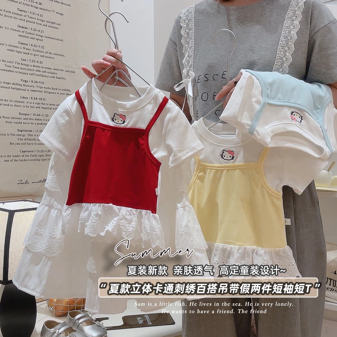 2025夏季新款女童甜美假两件刺绣KT猫短袖T恤爆款棉上衣