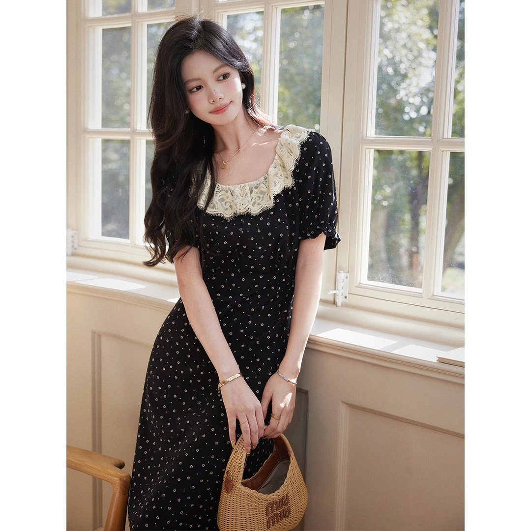 黑色碎花连衣裙女夏季2025新款微胖mm法式长裙显瘦裙子