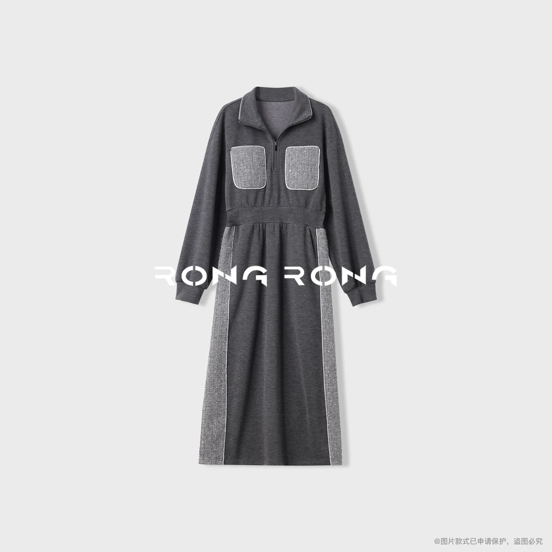 溶溶【银雾星河】RONGRONG 绵羊毛混纺撞色拼接小香连衣裙2520H801
