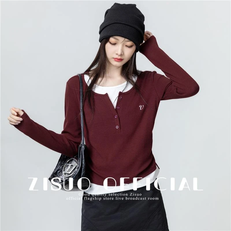 2025春秋季新款女士安克拉红假两件长袖T恤撞色内搭打底衫短上衣