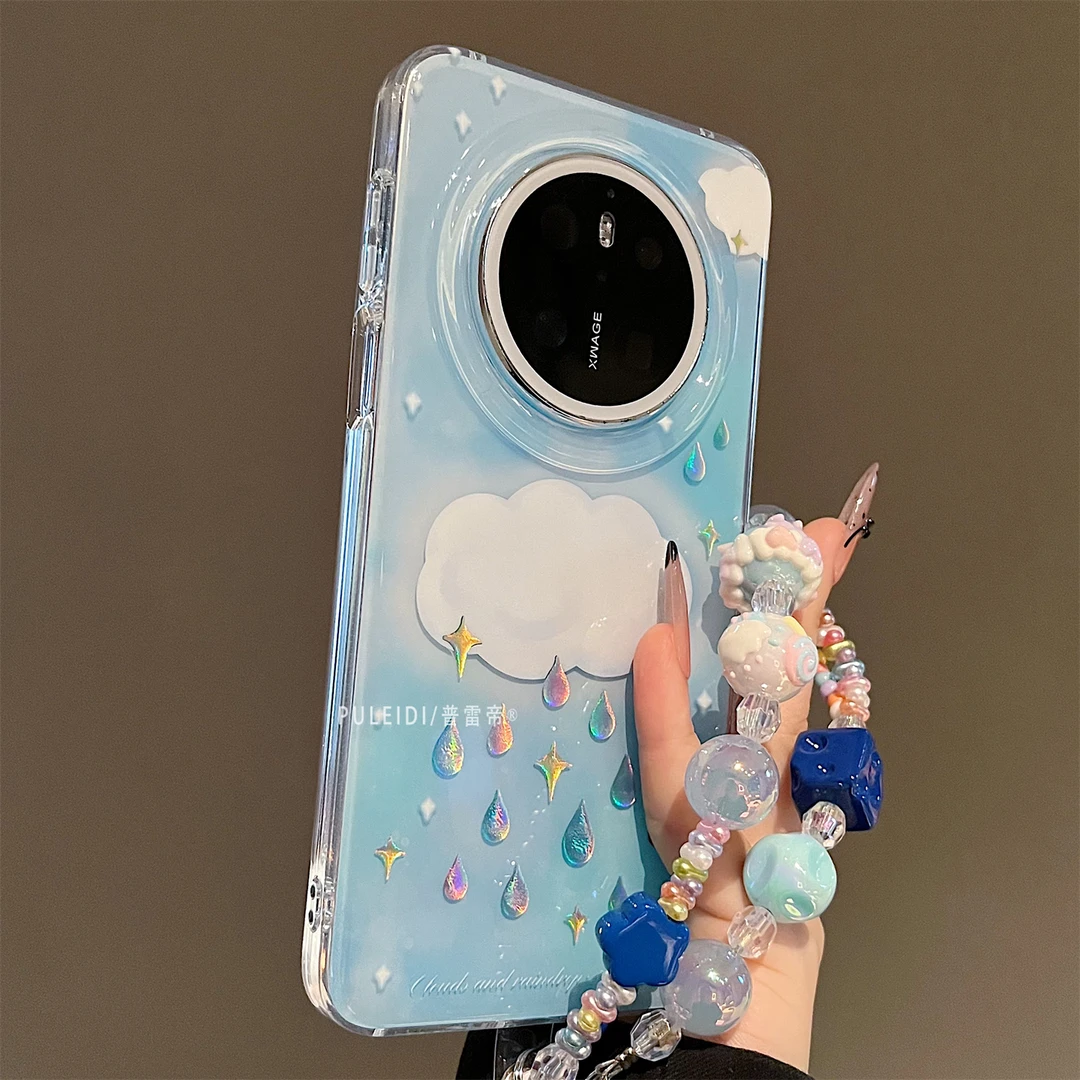ins风雨滴适用华为mate70pro手机壳创意个性pura80全包蓝白珠链