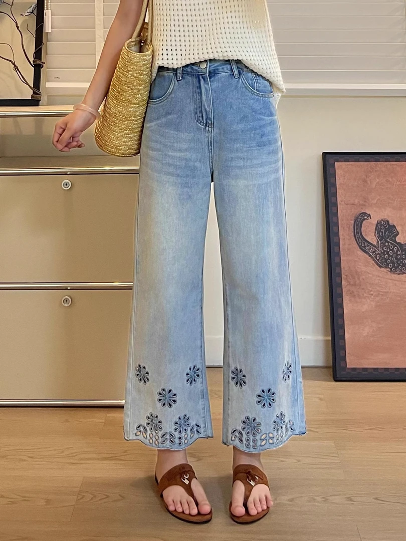 夏季薄款镂空刺绣牛仔裤女宽松显瘦直筒裤微胖女孩大码高腰九分裤