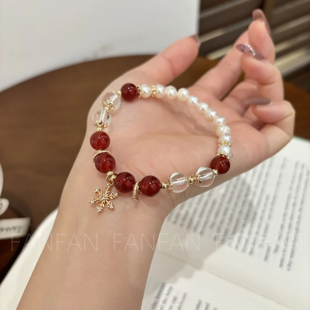 天然红玛瑙+珍珠+水晶 雪花手链手串送女友送闺蜜D16