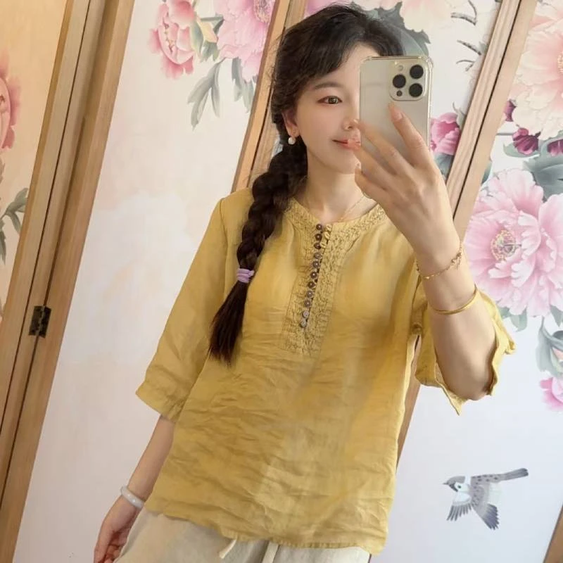 1208 国风中式圆领百搭纯色苎麻上衣女2025夏季时尚新款女装衬衫