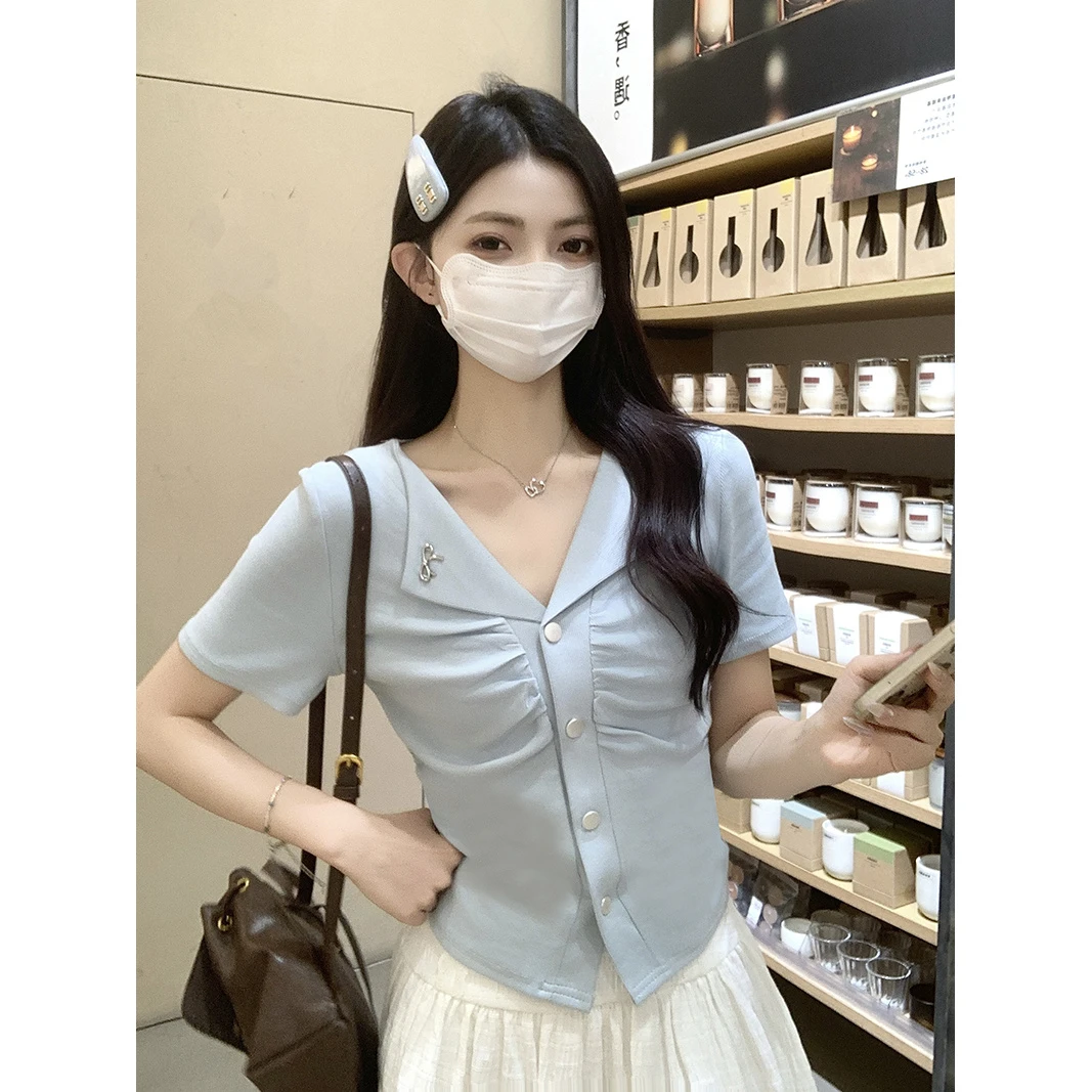 2025夏新款胖mm大码设计感欧若风别致褶皱不规则辣妹小衫T恤上衣