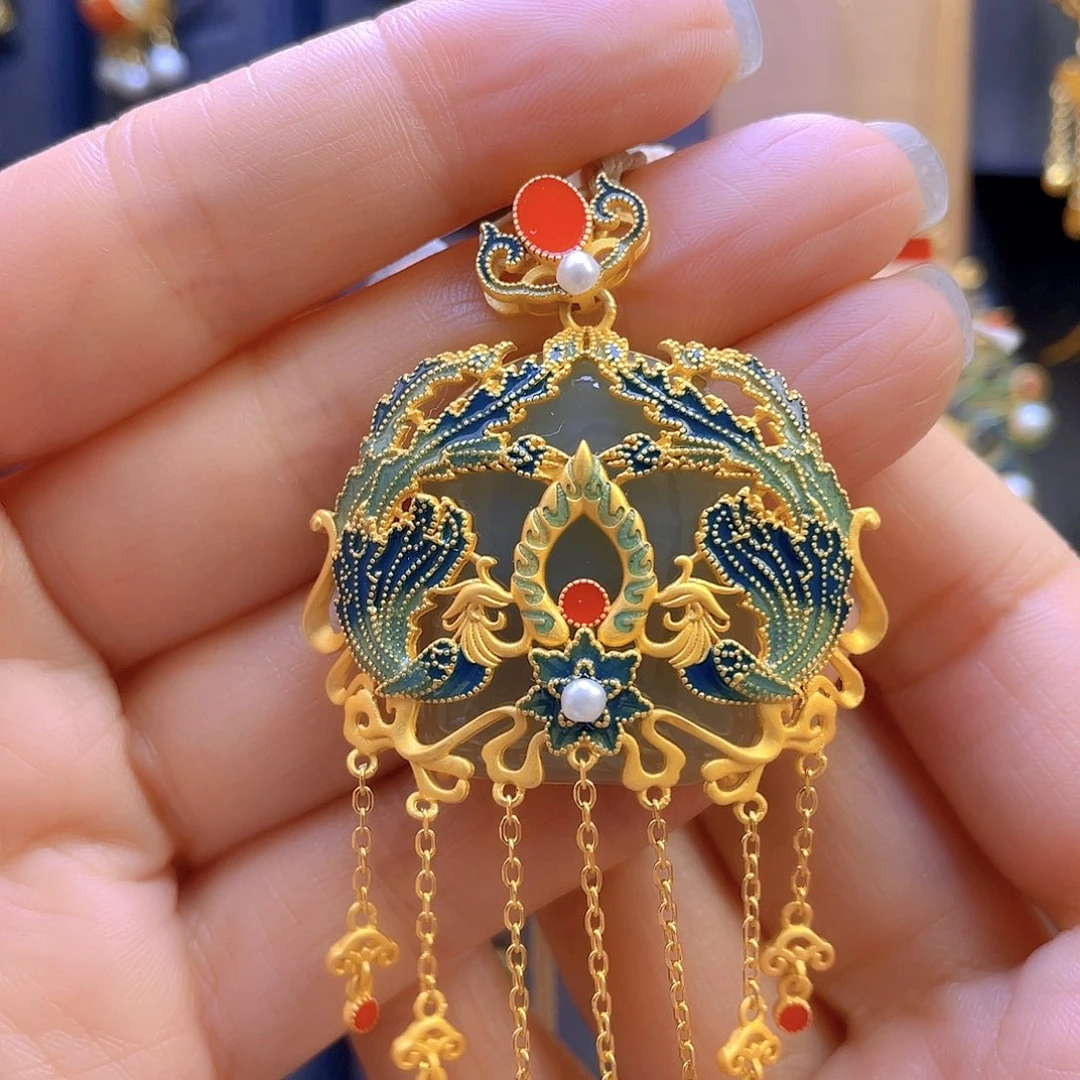 和田玉颈饰银S925镀金镶嵌