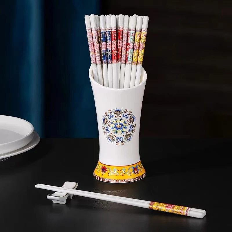 珐琅彩陶瓷筷子混色10双加陶瓷筷子筒1个组合耐高温不易发霉