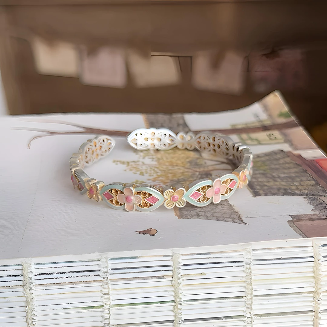 足银手镯 花满筑2足银999.9实心珐琅彩开口镯国风新中式宫廷复古