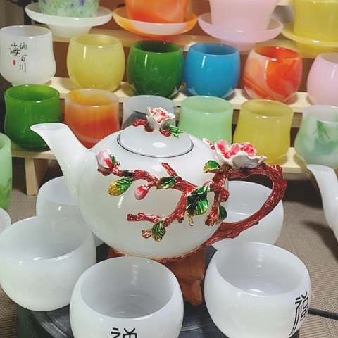 羊脂玉瓷中式牡丹花开高档茶壶套装一壶六杯礼盒装