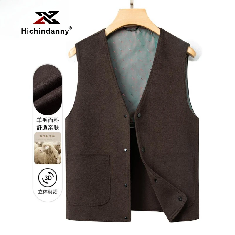 HICHIN羊毛休闲运动马甲男士春秋季厚背心v领马夹坎肩双面呢外套