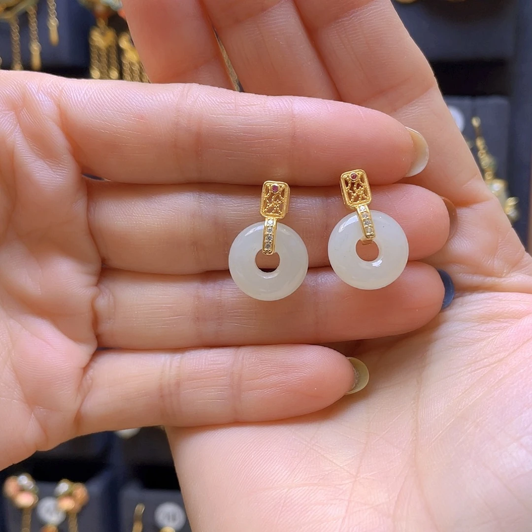 和田玉银S925镀金镶嵌耳饰