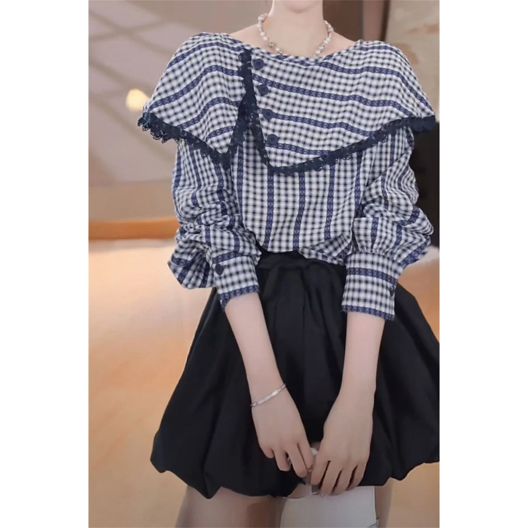 2025春夏新款小众设计感气质荷叶边格子衬衫娃娃衫气质时尚衬衣潮