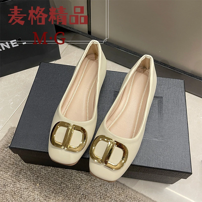 简约百搭软底豆豆鞋女2025春秋新款金属扣方头浅口单鞋温柔瓢鞋子