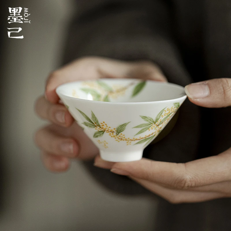 墨己-玉泥-桂香飘零-手绘釉下彩斗笠杯
