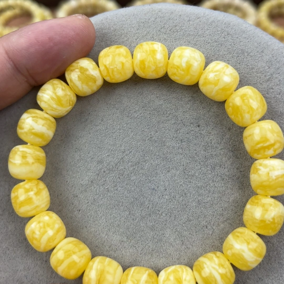 蜜蜡未镶嵌手串乌料焦皮鸡油红白花虎皮11*10.4腕口18+