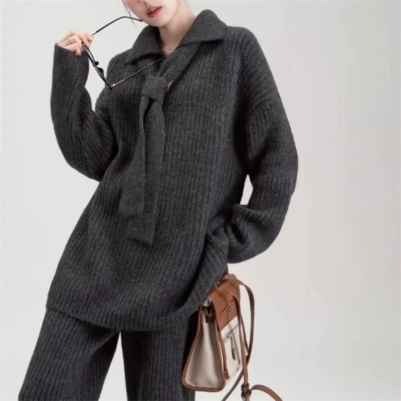 【6-8米补贴】秋冬慵懒风纯色简约百搭休闲裤套装配飘带高级感