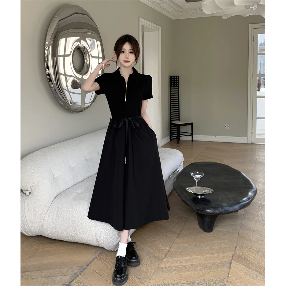 2025新款气质简约拼接连衣裙收腰显瘦大摆A字裙