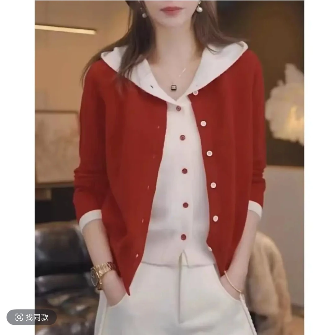 连帽假两件针织衫女开春新款外套秋冬毛衣开衫设计感显瘦长袖上衣