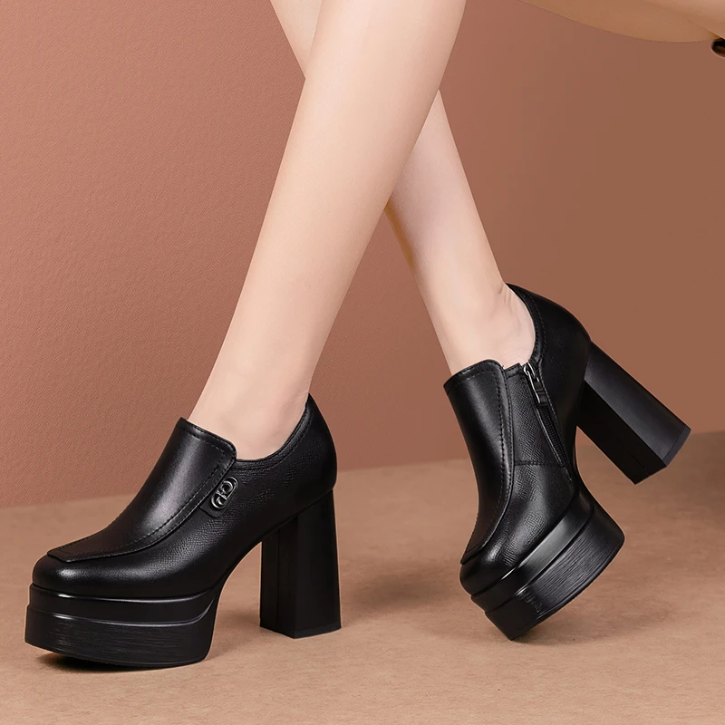 小个子厚底方头高跟鞋女真皮春秋新款防水台粗跟深口单鞋气质百搭