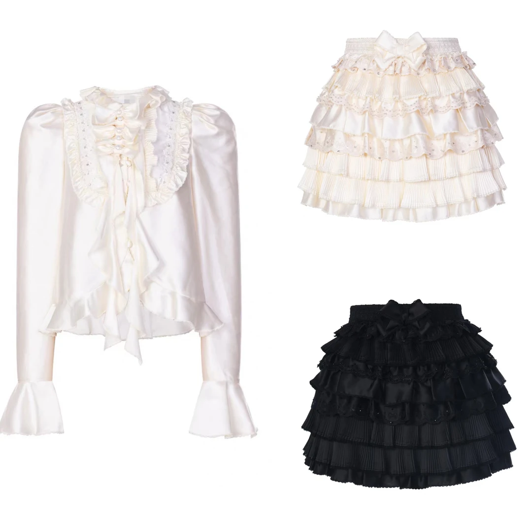 《no退no换默认微瑕》重工刺绣百搭荷叶边米色衬衣蛋糕裙