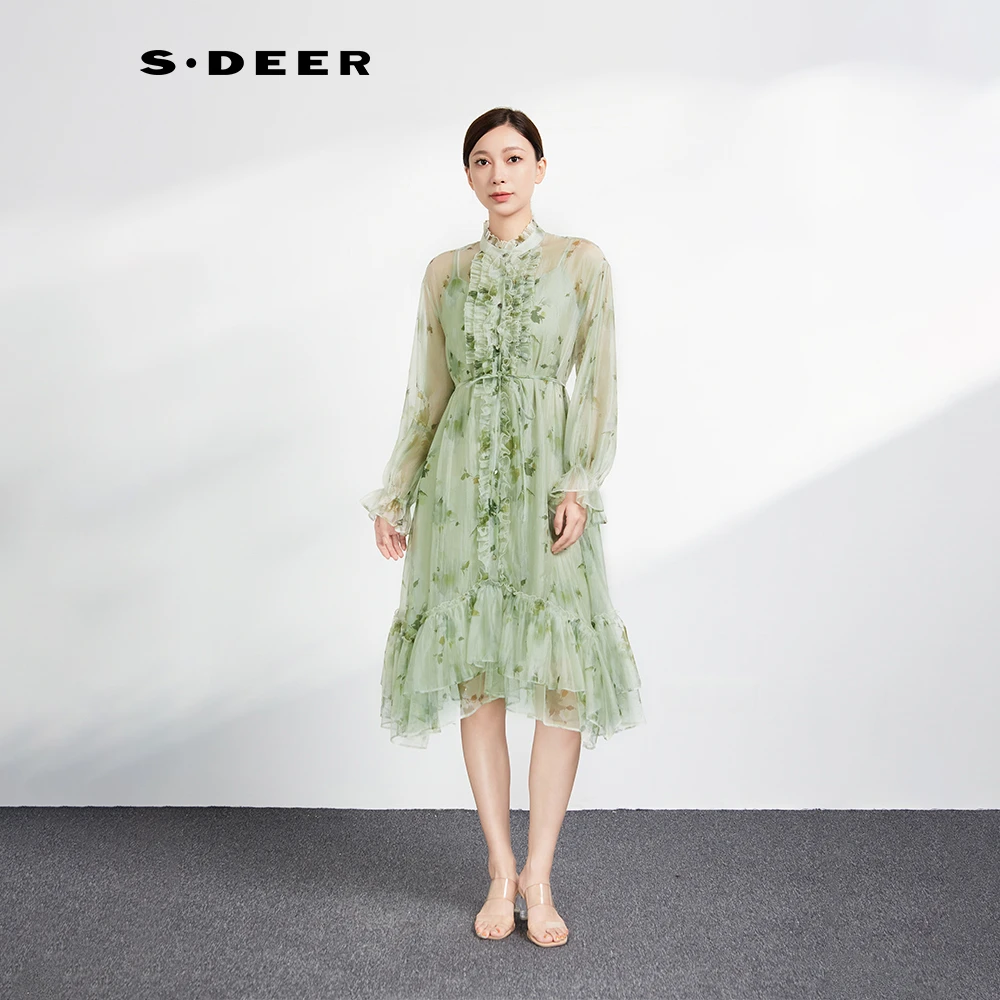 圣迪奥女装绿色时尚碎花长裙夏季法式气质连衣裙S242Z12U4