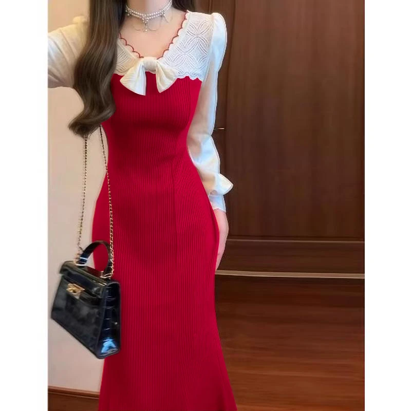 2025新年圣诞红色连衣裙新款长裙针织鱼尾裙女装显瘦打底裙子2978