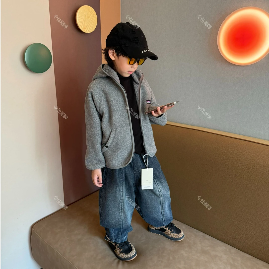 令佳潮牌冬季儿童中性百搭休闲灰色加绒双面绒连帽外套3289