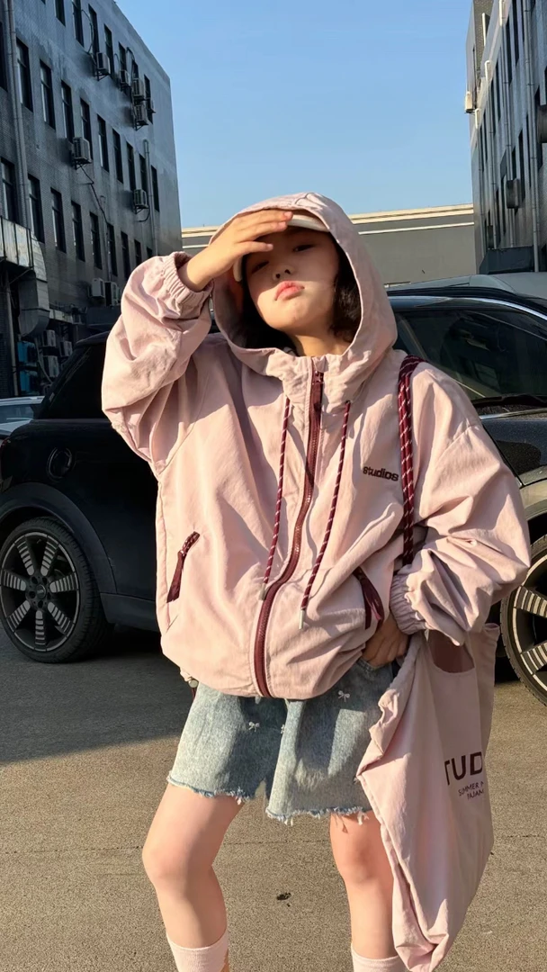 木厘春装外套女童女生韩版长袖宽松粉色代帽
