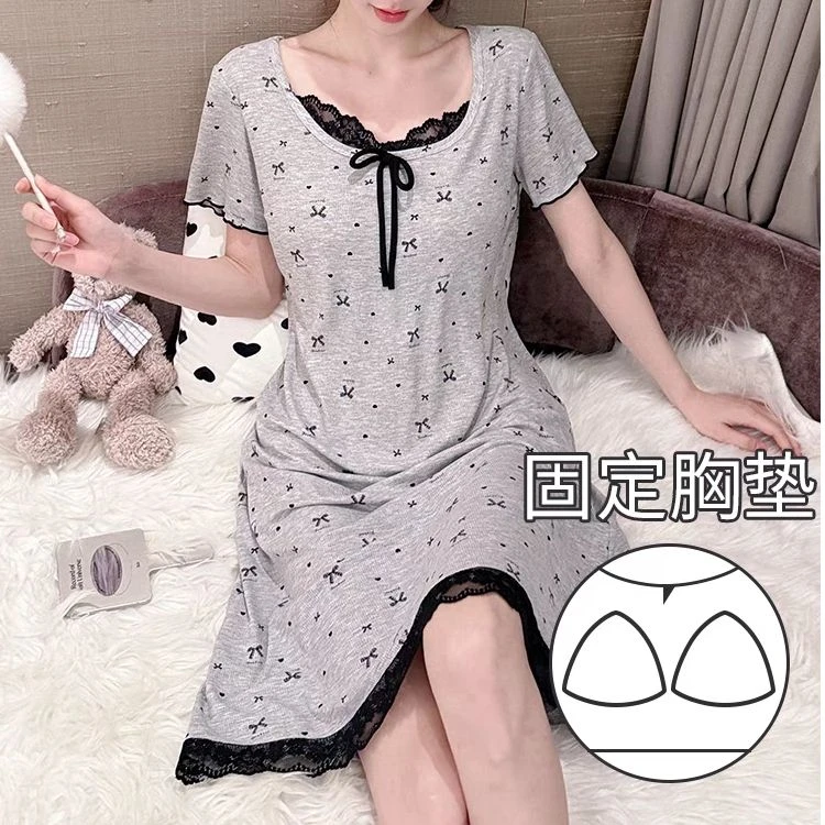 睡裙女短袖夏季纯色睡衣蕾丝花边公主风蝴蝶结蕾丝家居服薄款宽松