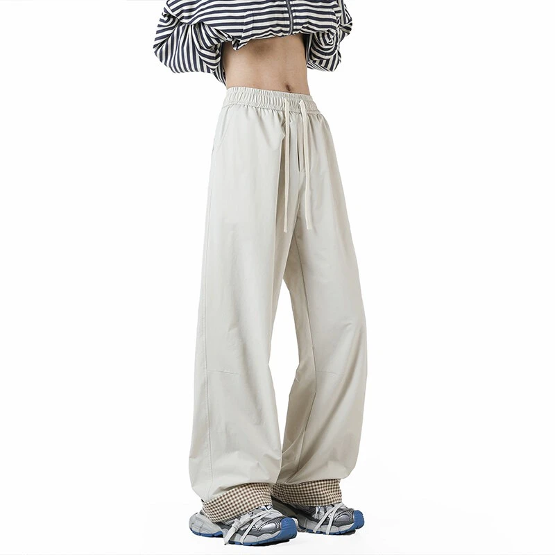 KONITIHA 夏季情侣美式复古格子拼接宽松直筒休闲拖地长裤HK25073