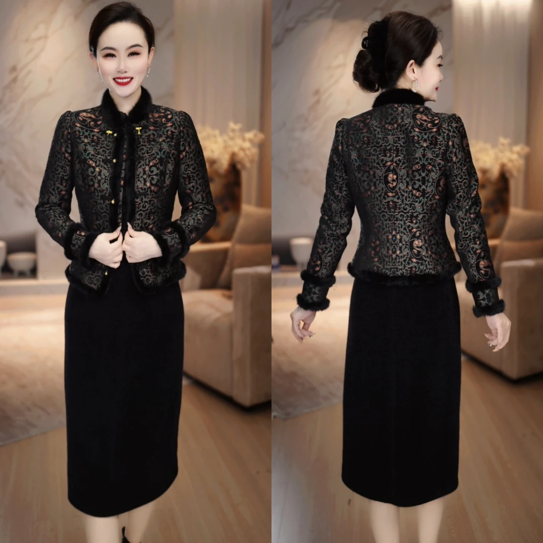 外套+连衣裙 2025冬季新款加厚加绒复古国风提花显瘦套装裙M-5XL
