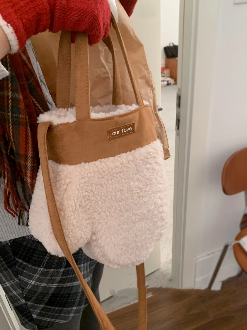 韩国羊羔毛包包女2025新款潮时尚可爱麂皮绒手套包手提斜挎毛绒包